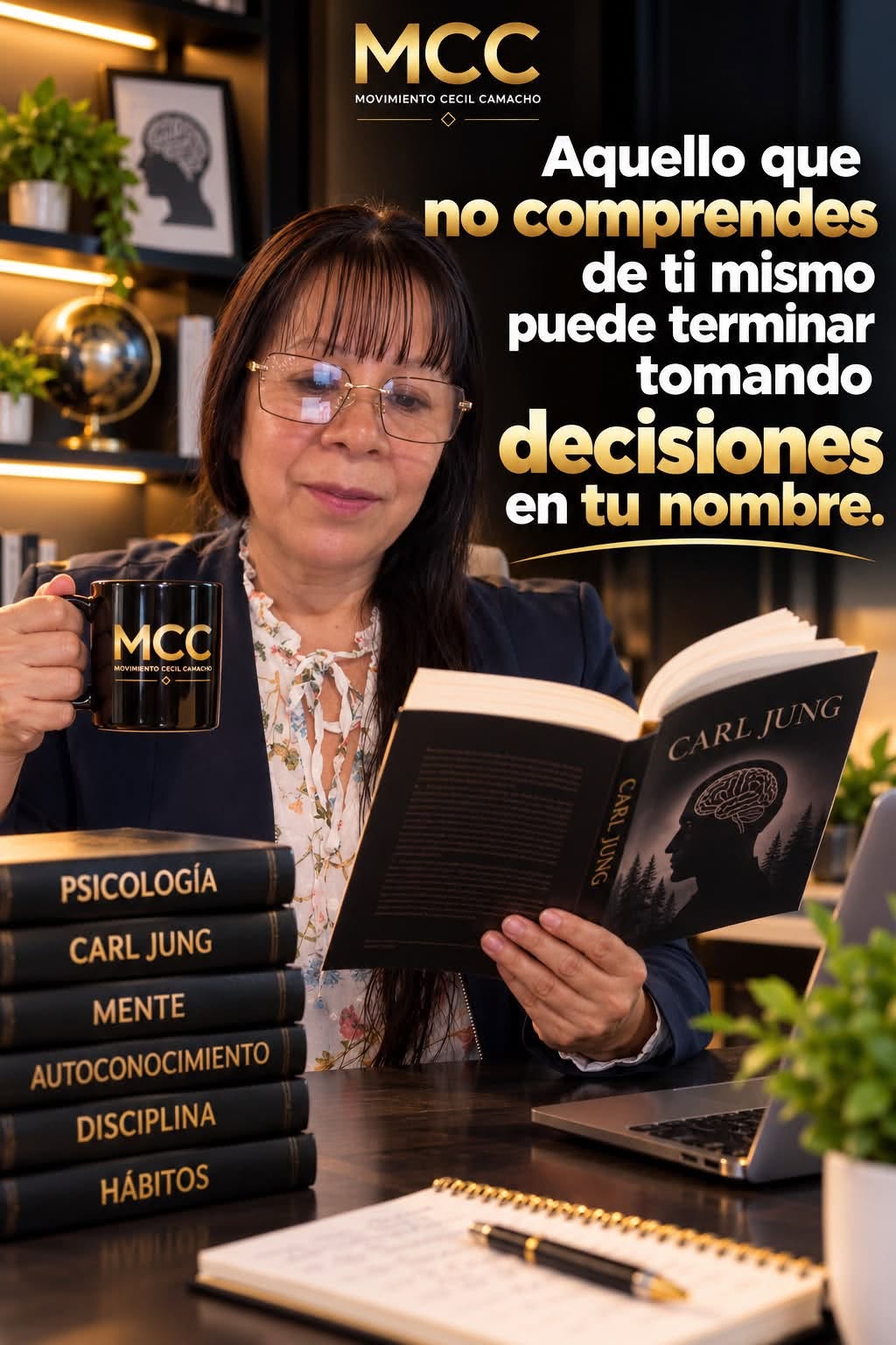Cecil Camacho con un libro de Carl Jung sobre autoconocimiento
